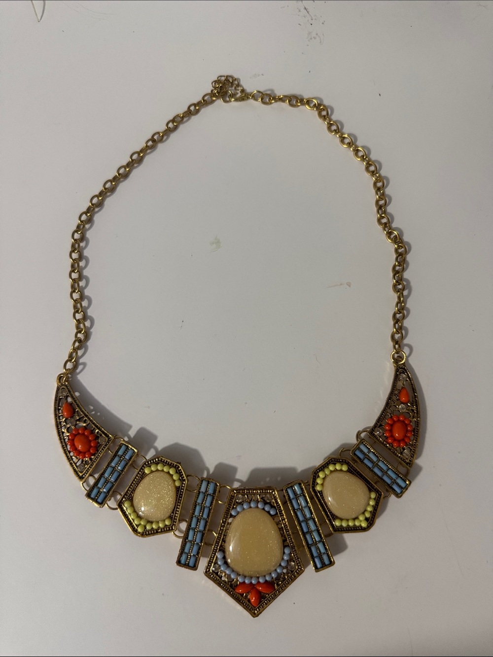 Gold-Tone Statement Bib Necklace with Coral, Blue and Cream Accents